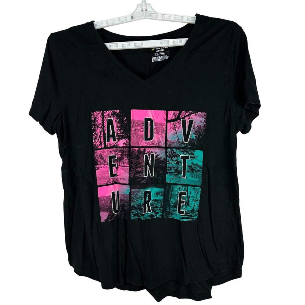 Tek Gear DryTek Black Adventure Graphic V Neck T Shirt Womens Size Large Casual